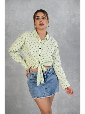 Senorita lime green knotted printed cotton slub full sleeve top 1