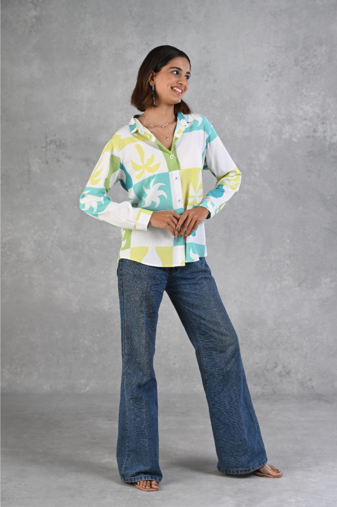 Senorita light blue & green printed modal full sleeve shirt