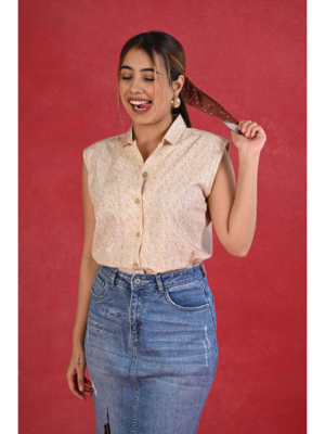 Senorita beige printed slim fit cotton satin sleeveless top 1