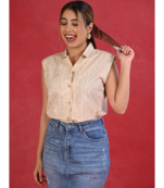 Senorita beige printed slim fit cotton satin sleeveless top