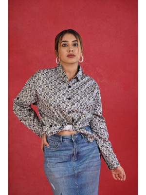 Senorita navy blue grey checkered cotton satin full sleeve shirt 1