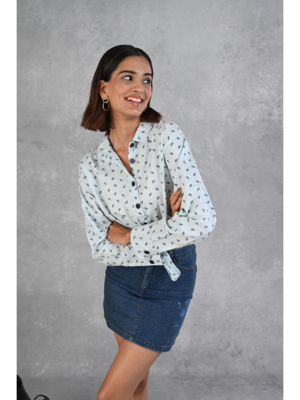 Senorita light blue knotted printed 100% cotton slub full sleeve casual top 1