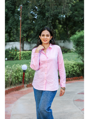 Senorita pink striped 100% cotton oxford full sleeve shirt without pocket 1