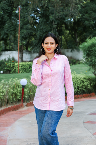 Senorita pink striped 100% cotton oxford full sleeve shirt without pocket