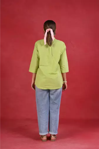 Senorita light green linen cotton solid full sleeve cotton top