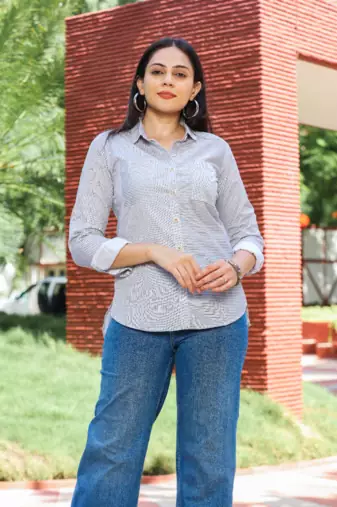 Senorita blue striped 100% cotton oxford full sleeve shirt with double pocket