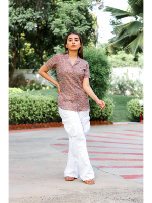 Senorita brown red white 100% cotton satin half sleeve top 1