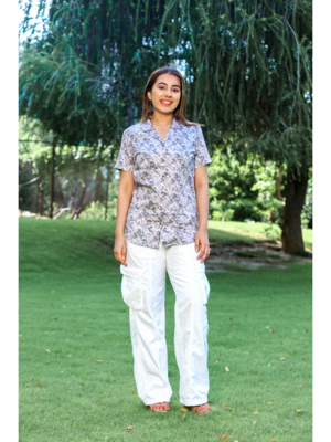 Senorita white brown blue 100% cotton satin half sleeve top 1