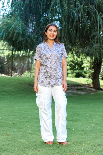 Senorita white brown blue 100% cotton satin half sleeve top