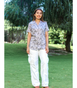 Senorita white brown blue 100% cotton satin half sleeve top