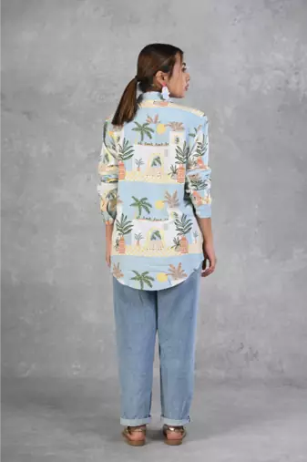 Senorita powder blue beach printed modal full sleeve shirt
