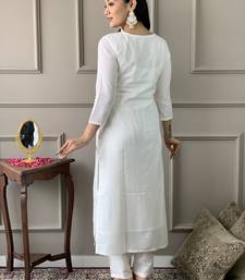 White Embroidered Viscose Blend Fabric Straight Kurta, Pant and Dupatta Set