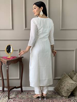 White Embroidered Viscose Blend Straight Kurta Pant and Dupatta Set 2