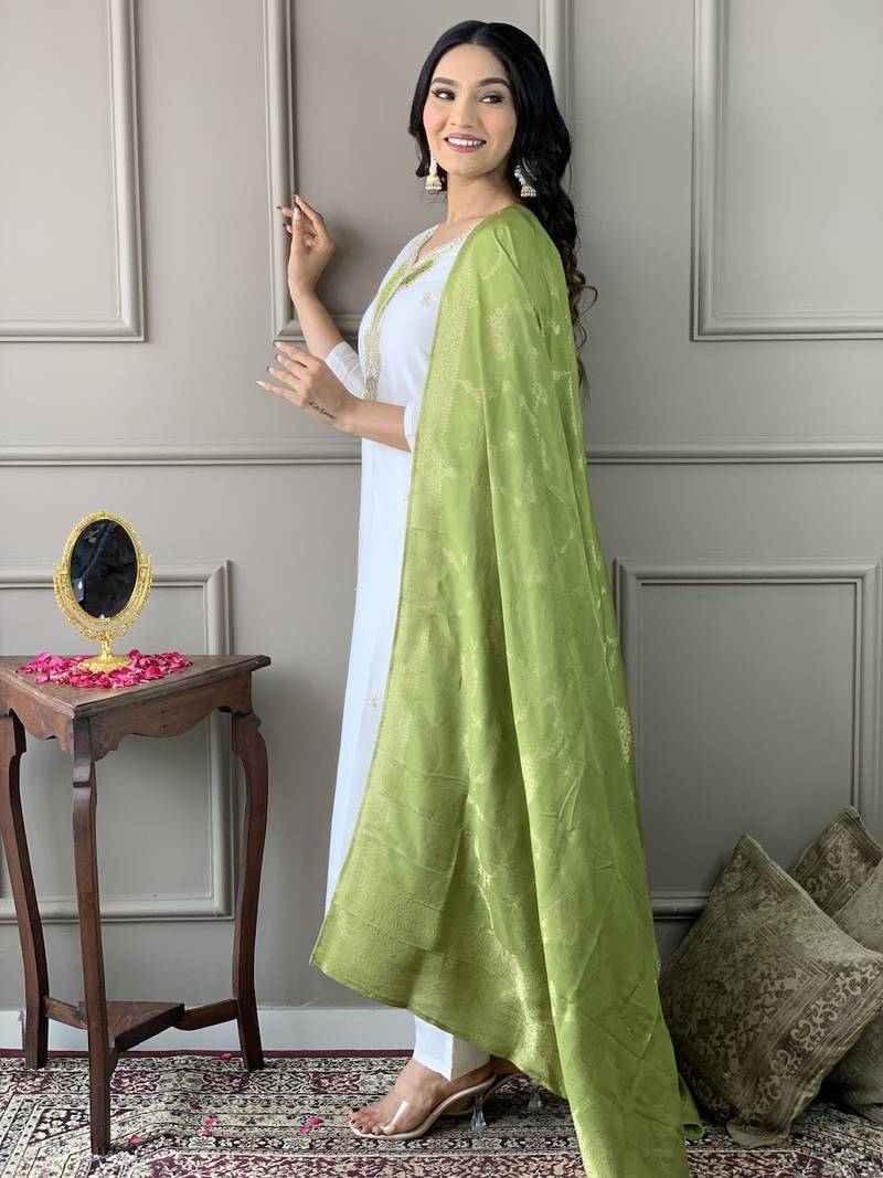 White Embroidered Viscose Blend Fabric Straight Kurta, Pant and Dupatta Set
