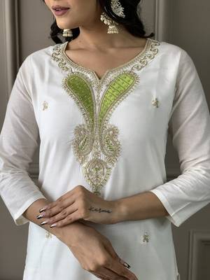 White Embroidered Viscose Blend Straight Kurta Pant and Dupatta Set 4