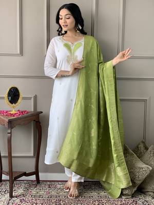 White Embroidered Viscose Blend Straight Kurta Pant and Dupatta Set 5