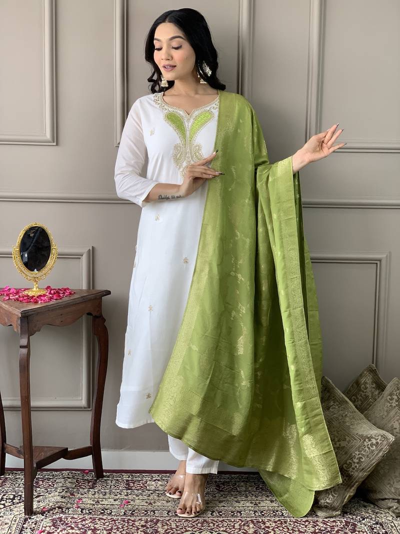 White Embroidered Viscose Blend Fabric Straight Kurta, Pant and Dupatta Set
