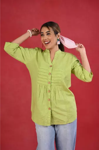 Senorita light green linen cotton solid full sleeve cotton top