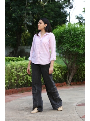 Senorita pink striped 100% cotton oxford full sleeve shirt with double pocket 3