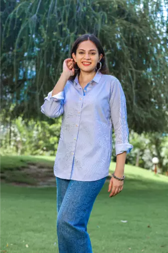 Senorita blue striped 100% cotton oxford full sleeve shirt with double pocket
