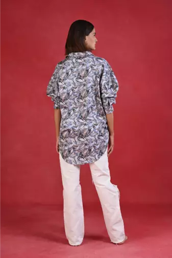 Senorita blue grey printed regular fit cotton satin full sleeve shirt