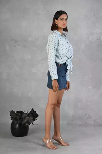 Senorita light blue knotted printed 100% cotton slub full sleeve casual top