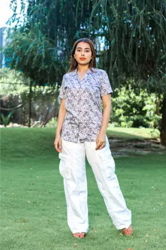 Senorita white brown blue 100% cotton satin half sleeve top