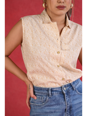 Senorita beige printed slim fit cotton satin sleeveless top 4