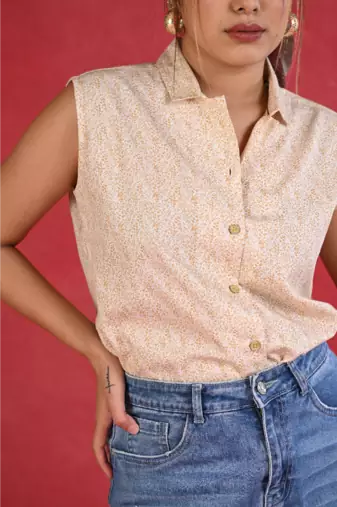Senorita beige printed slim fit cotton satin sleeveless top
