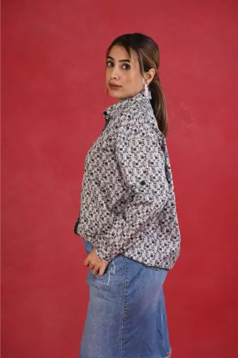 Senorita navy blue grey checkered cotton satin full sleeve shirt