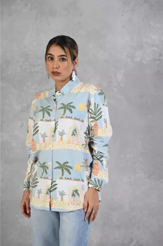 Senorita powder blue beach printed modal full sleeve shirt