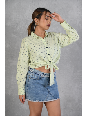 Senorita lime green knotted printed cotton slub full sleeve top 4
