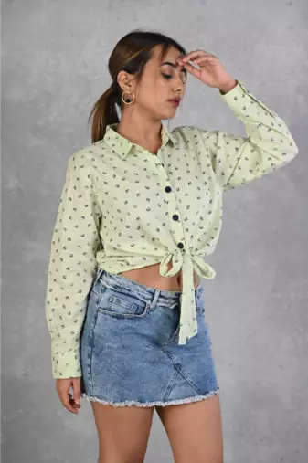 Senorita lime green knotted printed cotton slub full sleeve top