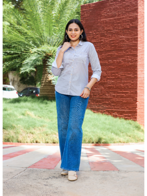 Senorita blue striped 100% cotton oxford full sleeve shirt with double pocket 4