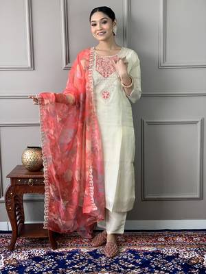 Cream Embroidered Chanderi Silk Straight Kurta, Pant and Dupatta Set 1