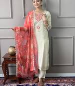 Cream Embroidered Chanderi Silk Straight Kurta, Pant and Dupatta Set