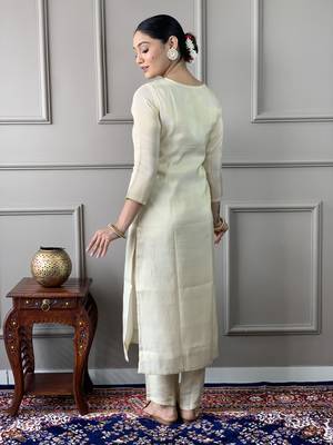 Cream Embroidered Chanderi Silk Straight Kurta, Pant and Dupatta Set 2