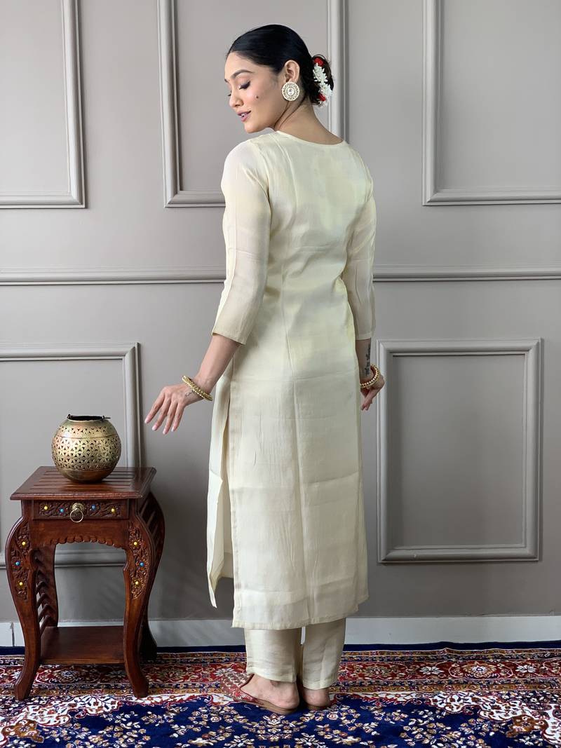 Cream Embroidered Chanderi Silk Fabric Straight Kurta, Pant and Dupatta Set