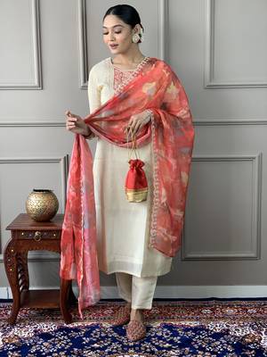 Cream Embroidered Chanderi Silk Straight Kurta, Pant and Dupatta Set 3