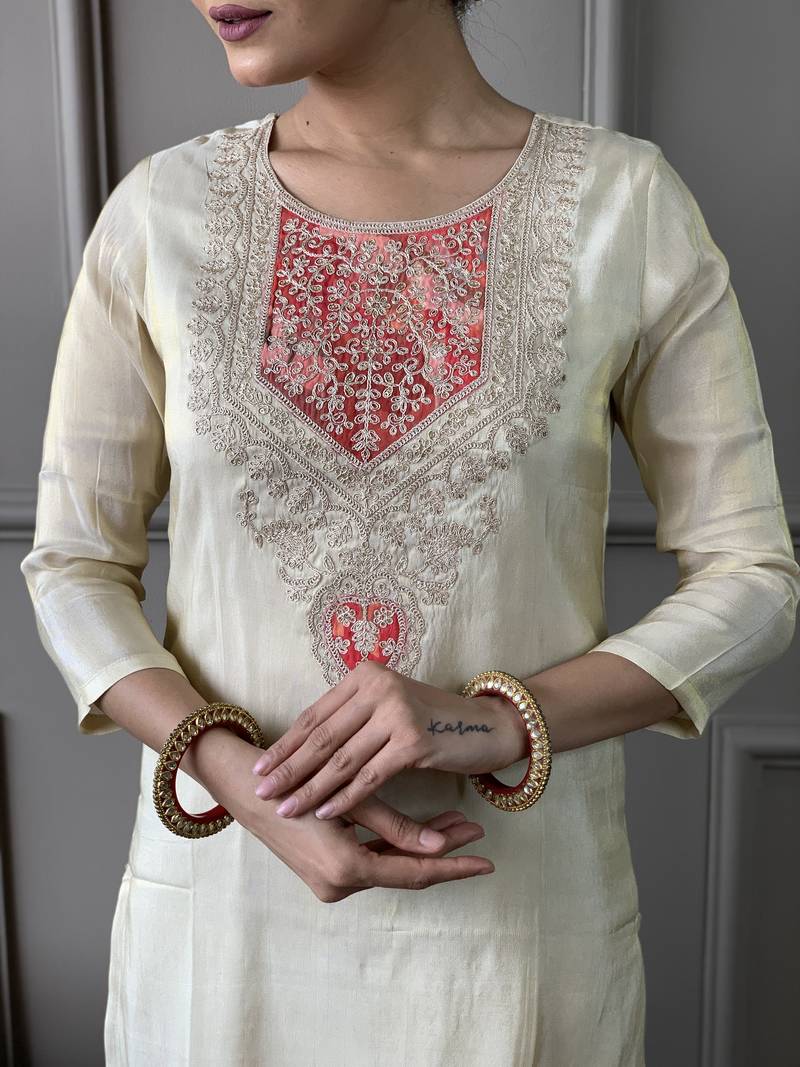 Cream Embroidered Chanderi Silk Fabric Straight Kurta, Pant and Dupatta Set
