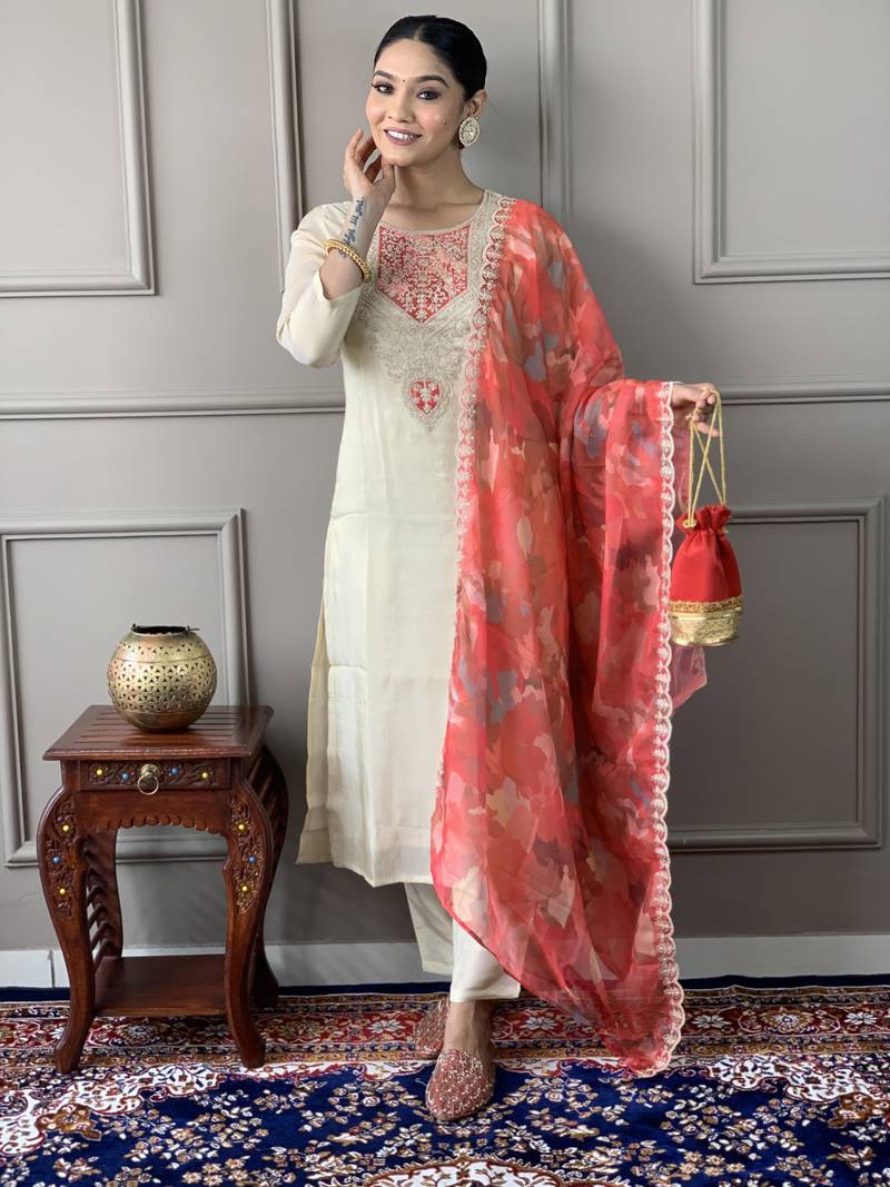 Cream Embroidered Chanderi Silk Fabric Straight Kurta, Pant and Dupatta Set