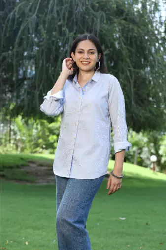 Senorita light blue striped 100% cotton oxford full sleeve shirt without pocket