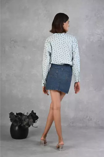 Senorita light blue knotted printed 100% cotton slub full sleeve casual top