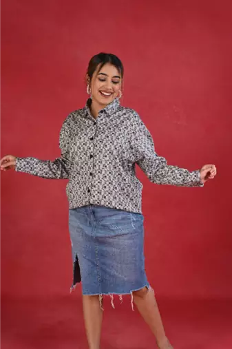 Senorita navy blue grey checkered cotton satin full sleeve shirt