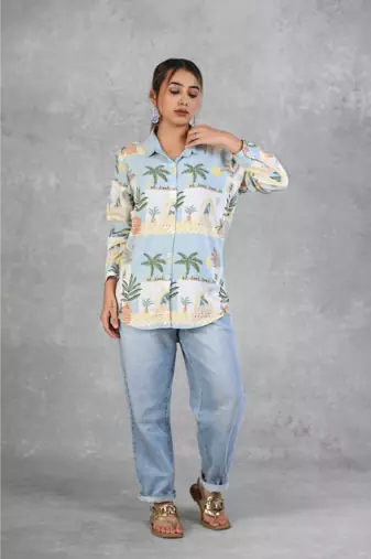 Senorita powder blue beach printed modal full sleeve shirt
