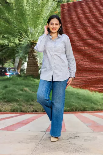 Senorita blue striped 100% cotton oxford full sleeve shirt with double pocket