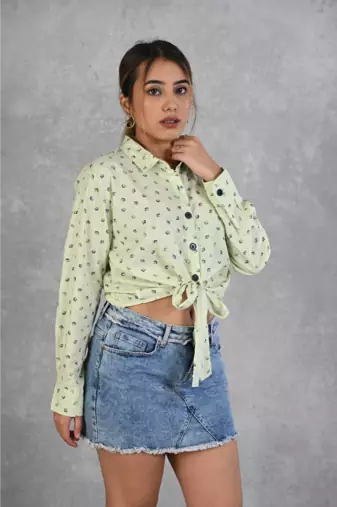 Senorita lime green knotted printed cotton slub full sleeve top