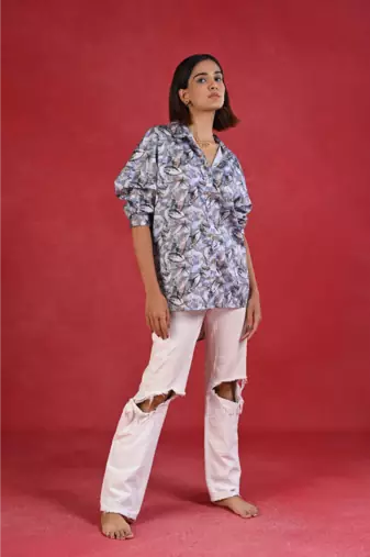 Senorita blue grey printed regular fit cotton satin full sleeve shirt