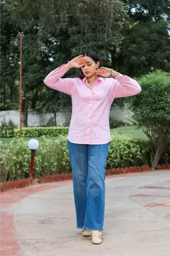 Senorita pink striped 100% cotton oxford full sleeve shirt without pocket