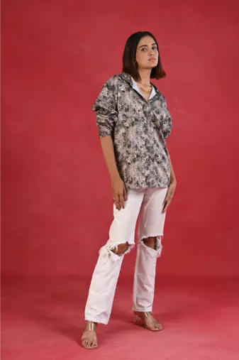 Senorita army green printed loose fit cotton satin full sleeve shirt